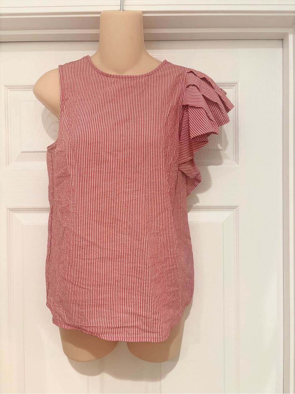 Who What Wear Red and White Striped Ruffle-Sleeve Camisole